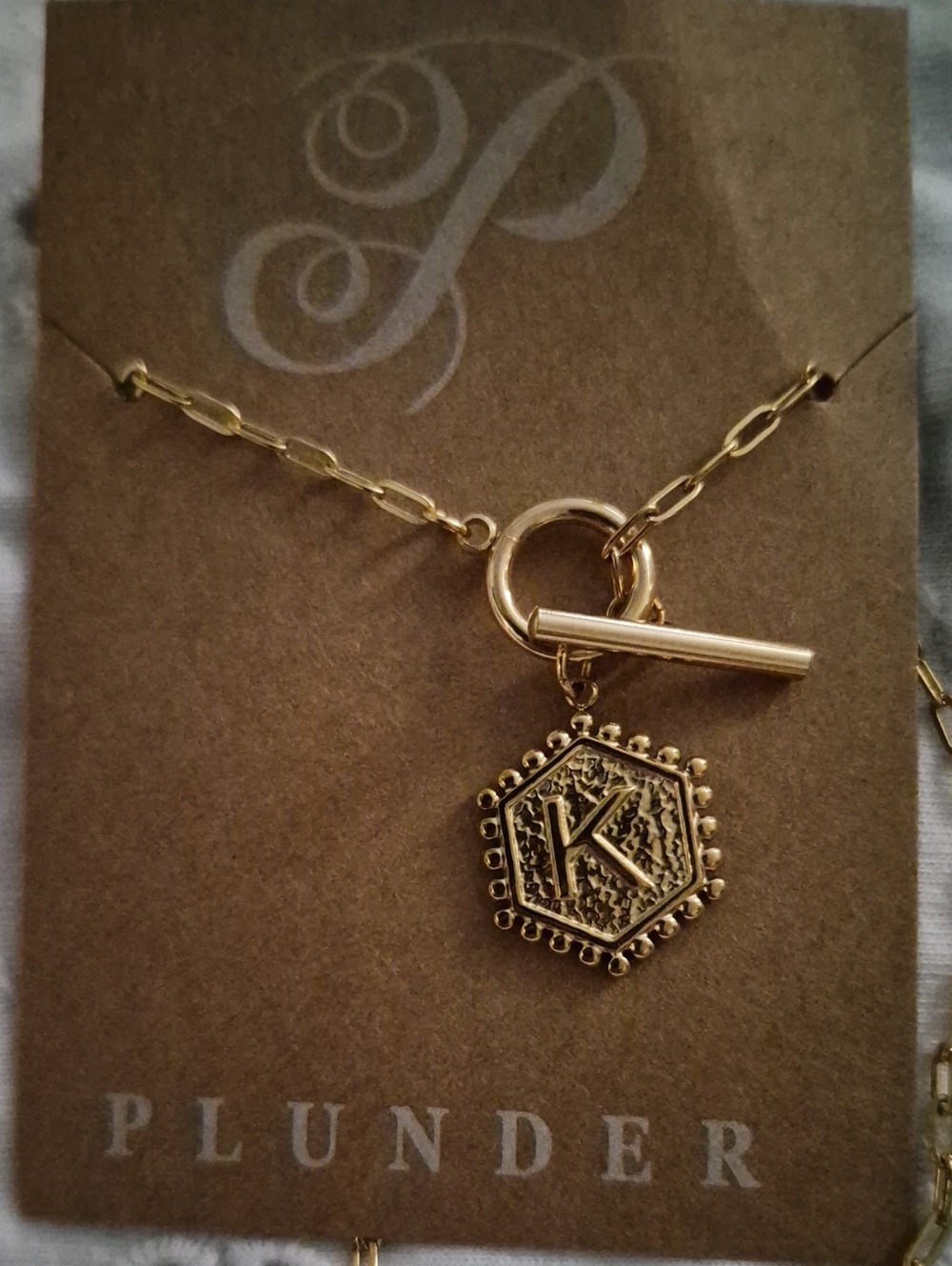 Necklace Plunder Initial K Pendant Goldtone Front Closure Toggle Jewelry New